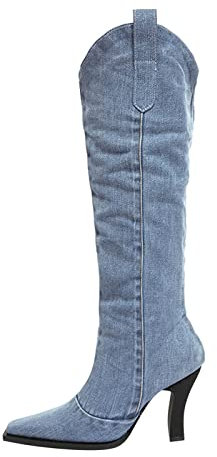 Generico Stivaletti Donna Invernali Stivali Brillantini Stivali da Motociclista in Denim Spesso di Alta con Punta a Punta Sottile Stivali Stivali Alti da Donna Stivali Brillantinati Donna (Blue, 37)