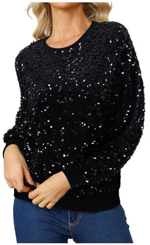 Ybing Black Friday 2024 Angebote Pailletten Sweatshirt Damen Modische Pullover Ohne Kapuze Glitzer Langarmshirt Schlank Rundhals Bluse Shiny Langarm Pulli Bequem Oberteile Teenager