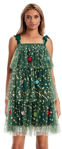 LYSINK Grünes Kleid für Damen, Weihnachtsbaum, mit Bindeband, Schulterriemen, ärmellos, Stern, Pailletten, mehrlagig, Tüll, Tutu, Kuchenkleider, A-A-Grün, M