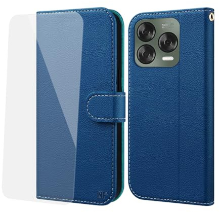 NP-Caser Handyhülle für ZTE Blade V70 Vita Hülle [mit Panzer Schutz Glas], Premium Lederhülle mit Kartenfächern [Klappbar Flip case] [Standfunktion] Handy Schutzhülle für ZTE Blade V70 Vita, Blau