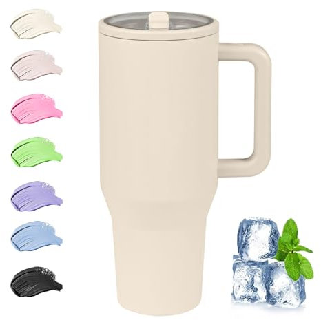 Thermobecher mit Strohhalm und Henkel, 40oz/ 1200ml Kaffeebecher to go Thermo, 100% Auslaufsicher Edelstahl Isolierbecher | Flip-Strohhalm Deckel | Spülmaschinenfest | BPA Frei (Beige)