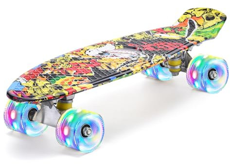 ERNAN Skateboard mit LED Rollen, Skate Tool und ABEC 7 Lager - Kinder Erwachsene Anfänger (KKIO)