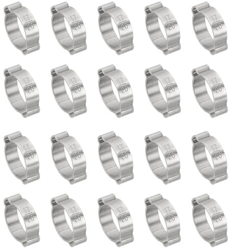 PATIKIL 20 Pack 17-20mm Double Ear Hose Clamp, 304 Stainless Steel O Clip Crimp Rings for Fuel Petrol Pipe Tube Fitting Connections, Silver Tone