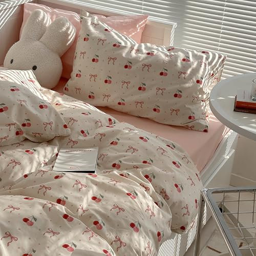 Covebett Bettwäsche 200x200 Rosa Kirschen Schleifen Muster Mädchen Bettwäsche Set Aesthetic Kirsche Schleifenmuster Weich Renforcé Microfaser Bettbezug Reißverschluss und 2 Kissenbezug 80x80cm