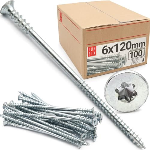 Vis de réglage 100 pièces 6x120 mm torx zinguées – vis à bois, acier zingué, vis terrasse pour charpente, menuiserie, poutre, lambourde, cloison, aggloméré, bois dur – Lun Fix