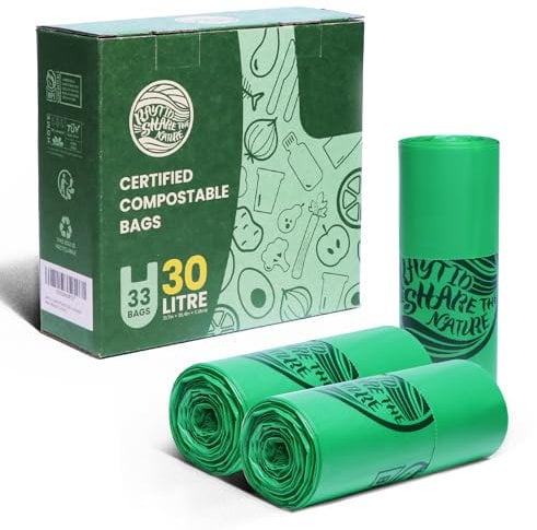 RAYTID Tie Handle Compostable Food Waste Bags 30L 33 Kitchen Compostable Caddy Liners with Handle