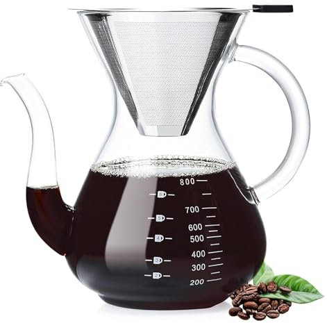 ZDDOUS 800ml 28oz Versare sopra Caffettiera, 8 Tazza di Caffettiera a Goccia con Riutilizzabile doppio Filtro in Acciaio Inox, Spessa Caraffa di Vetro Borosilicato Resistente al Calore