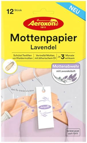 Aeroxon Mottenschutz Kleiderschrank 12 Mottenpapier - Effektiver Schutz gegen Kleidermotten, Lavendelduft, Mottenschutzpapier für Kleidung, Schrank & Textilien