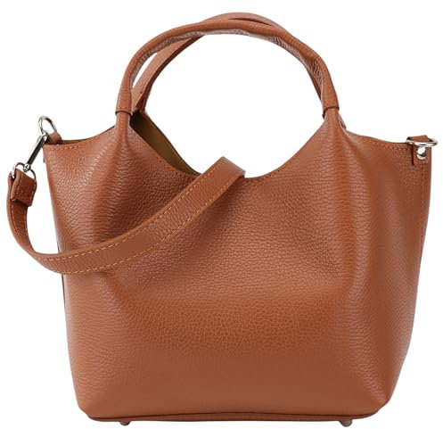 SH Leder Damen Handtasche aus Echtleder Beuteltasche mit Schultergurt und Innentasche Elegante Henkeltasche Crossbody Tasche für Alltag & Büro 28x18cm Sophia G684 (Cognac)