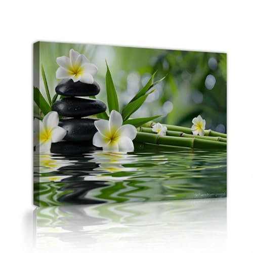 PEWFBS Toile murale zen pour yoga, spa, nature morte, peinture sur toile, bambou vert, pierre, fleur de frangipanier blanche, affiches, impressions, 80 x 120 cm, sans cadre