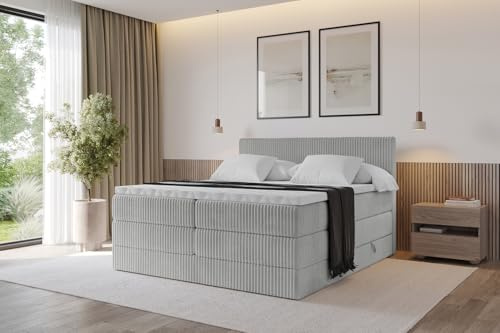 ALTDECOR Boxspringbett mit Matratze und Lattenrost, Topper, Polsterbett mit Bettkasten, Bett mit Stauraum H3- und H4- Matratze, Doppelbett, Springboxbett - TOLO King 120x200 Cord - Hellgrau