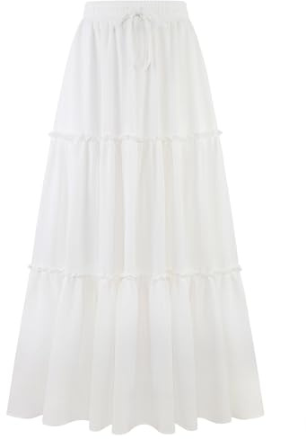 Arolina Women's White Maxi Skirt Trendy Elastic High Waist Boho Midi Skirts Summer Casual Flowy A Line Ruffle Long Skirts M