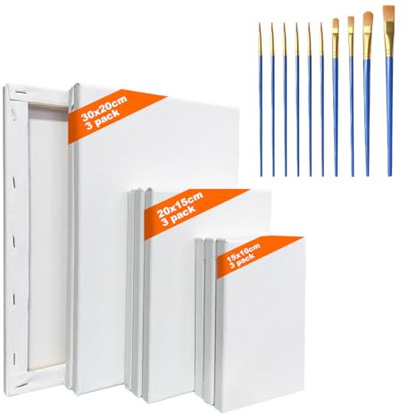 9 Stück Leinwand zum Bemalen, Leinwände für Acrylfarben, Keilrahmen, Strukturpaste Leinwand mit 10 Bürsten, Leinwände 30x20, 20x15, 15x10 cm, für Heimdekoration Kunststudio