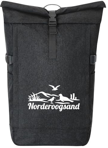 Huuraa Kurierrucksack Norderoogsand Strandmotiv 30-44 Liter Black Melange Fairtrade Rolltop Rucksack Geschenkidee
