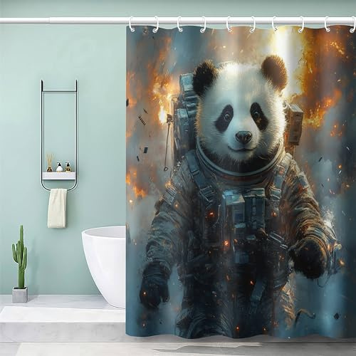 Generisch Duschvorhang Textil Anti-schimmel Waschbar 3D Panda Frisst Bambus Druck Badvorhang aus Wasserdicht Polyester Stoff Bad Vorhänge mit Ösen und Haken für Badezimmer Badewanne 180x180 cm