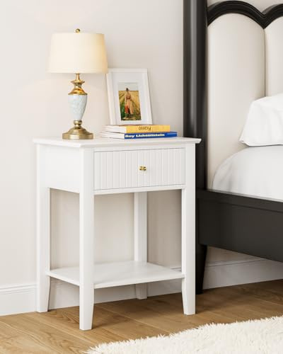 HEYZOEY Nachttisch, Retro Nachtschrank mit 1 Schublade, Nachttisch, Boho Nachtkommode für Schlafzimmer, Wohnzimmer, Weiß