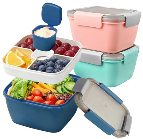 3er Set Lunchboxen mit Fächern, 1500 ml, mit Dressingbecher und Gabel | Auslaufsicheres Bento-Design für Salat und Meal Prep – ideal für Schule, Arbeit, Picknick, Camping und unterwegs