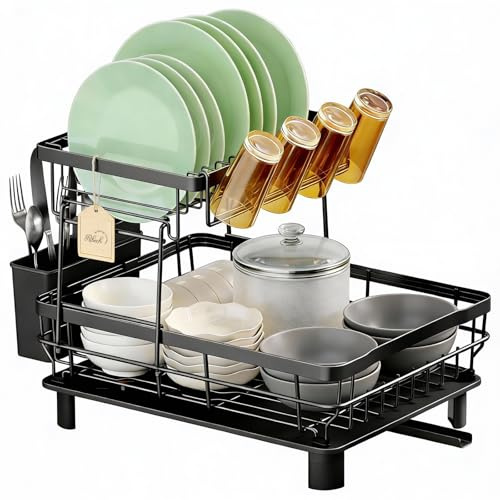 Ribech Escurridor de Platos de 2 Niveles, Gran Capacidad para 3-5 Personas, con Drenaje Automático 360° y Portacubiertos, Acero Inoxidable Resistente al Óxido, Negro