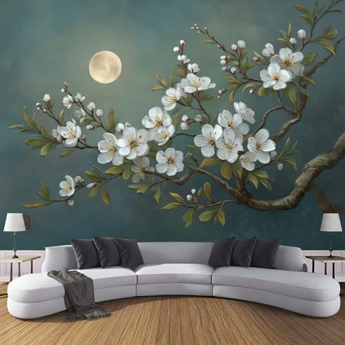 ANALTIRCE Papier Peint Intissée Fleur Prunier 100×70cm Papier Peint Panoramique, Classique Oriental Floral Tableaux Décoration Murale pour Salon, Chambre, Décor Fond TV, Vert Foncé