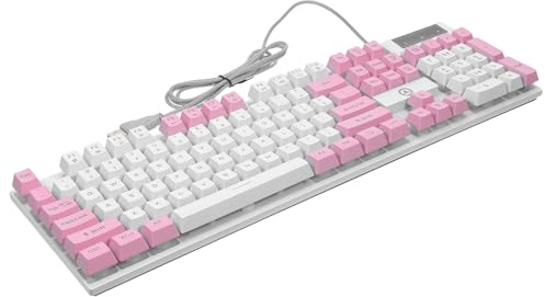 Garneck Teclado para Juegos USB de 104 Teclas Mecánico Retroiluminación RGB Diseño Blanco y Rosa Teclas Suspendidas Resistentes al Desgaste Tamaño Completo para Gaming