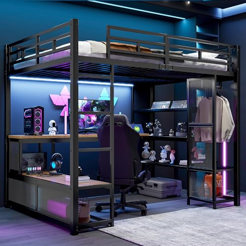 Lcoho 140x200cm Metall-Hochbett mit Stauraum, offenem Kleiderschrank, USB-Anschluss,Schwarz