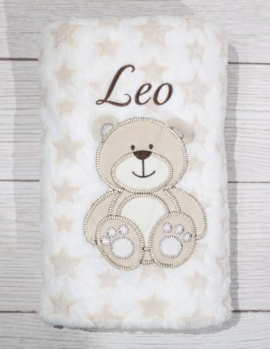 BotoBaby Babydecke mit Namen Weiß Beige Sterne – personalisierte Kuscheldecke Bestickt, Geschenk zur Geburt Taufe Babyparty (Ecru - Beige + Stoffapplikation 3D)
