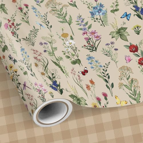 SHUCHING Geschenkpapier Wildblume - 43 cm x 10 m | Braun Kariert Geschenkpapier Rolle für Mädchen Frauen Geburtstag, Hochzeit, Jahrestag, Brautparty