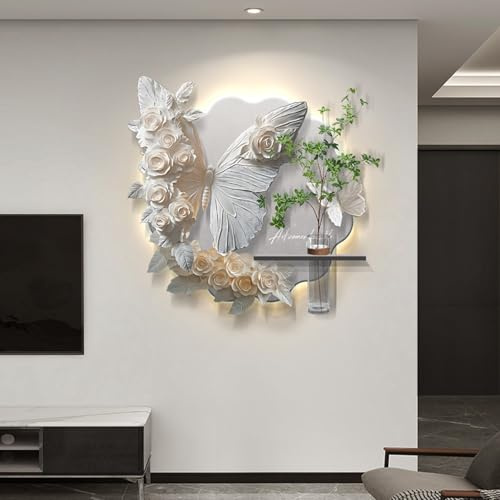 BEBANE 3D-Schmetterlings-Wandkunst mit LED-Beleuchtung, rahmenloses Wandbild aus Sandstein, mit Glasvase und künstlichen Pflanzen, für Wohnzimmer, Schlafzimmer(B,50cm/19.7in)