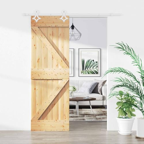 Kaloriko Porta scorrevole bianca e naturale, 70 x 210 cm, in pino massiccio con binario in acciaio verniciato a polvere, design salvaspazio e meccanismo a scorrimento delicato, per divisori e