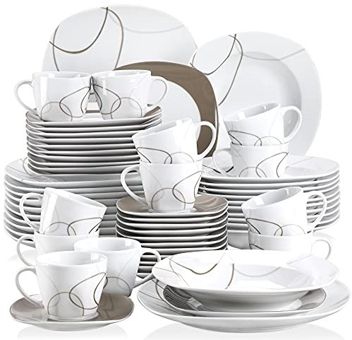 VEWEET NIKITA 60pcs Service de Table Porcelaine 12pcs Assiette Plate, Assiette à Dessert, Assiette Creuse, Tasse avec Soucoupes pour 12 Personnes Vaisselles Céramique