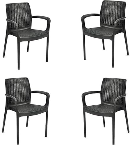 Keter Bali Gartenstuhl für drinnen und draußen, mit Armlehnen, ideal für Gärten und Terrassen, stapelbar, Kunstharz mit flachem Rattan-Finish, Graphit, 4 Stück
