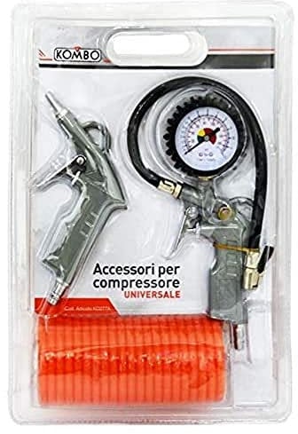 KOMBO - Kit Accessori per Compressore – 2 Pistole Aria (Soffiaggio + Gonfiaggio con Manometro) + Tubo Spiralato 5 m – Universale, Compatibile con Compressori Aria