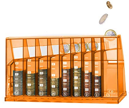 ECB Münzsortierer Euro Spardose | Für Büro und Kinderzimmer | Als Geschenk für Erwachsene und Kinder | Hergestellt aus recyceltem Material | Abschließbar (mit Schlüssel) | Transparent Orange