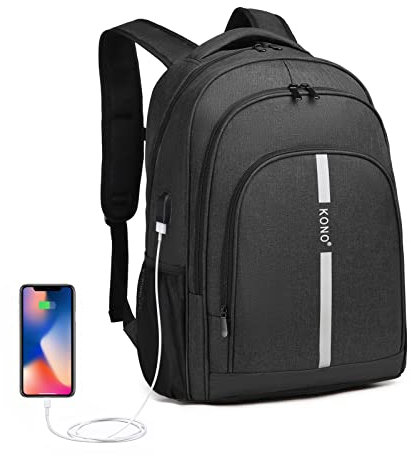 KONO Laptop Rucksack Business Laptoptasche für Schule Arbeit mit USB-Ladeanschluss Großer Leichter Schulrucksack Daypack für Damen Herren Jungen Mädchen für 15,6 Zoll Notebook (Schwarz)