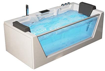 Luxus Designer Whirlpool Badewanne Mailand mit 14 Massage Düsen 180x88 cm + Glas + LED + Heizung + Ozon + Radio für Eckmontage rechts + links + freistehend an nur 1 Wand Hot Tub Spa für 2 Personen