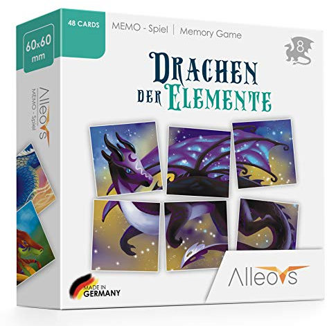 ALLEOVS® Memo - Spiel „Drachen der Elemente“ – Familienspiel – Drachen-Spiel – Lernspiel - Spielerisch Fördern - Förderung von Gedächtnis & Konzentration - Spiel gut Auszeichnung
