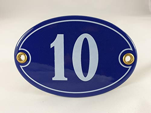 Emaille Hausnummer Schild Nr. 10, oval, Blau-Weiß Handarbeit