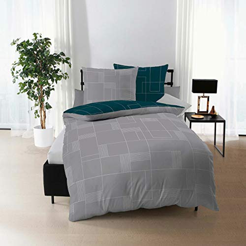 Traumschlaf Biber Bettwäsche Uptown smaragd, 1 Bettbezug 200 x 220 cm + 2 Kissenbezüge 80 x 80 cm