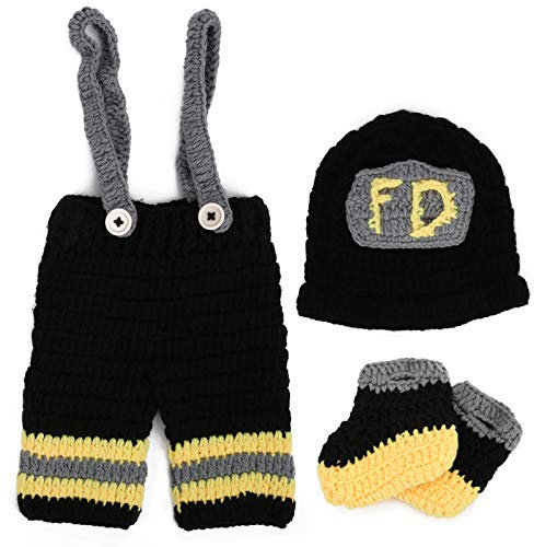 Vestiti per Fotografia per Bambini, Uncinetto in Cotone Lavorato a Maglia per Pompiere Vestito per Neonato con Cappello Pantaloni e Stivali per Bambini da 0 a 6 Mesi