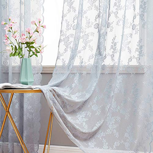 MIULEE Gardinen Spitze-Wunderschöne Grau Blumen Bestickte Spitzengardinen, 2er Set Transparent Vorhang Spitze Vintage, Voile Spitzenvorhänge mit Ösen für Wohnzimmer Schlafzimmer Dekor, 2X H225xB150cm