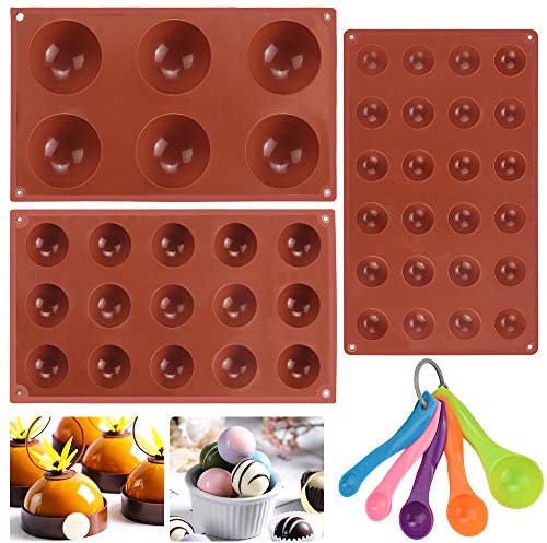PERFETSELL 3 Stampo Semisfera Silicone Ø 2,8 cm/4 cm/5 cm Stampo Semisfera per Cioccolato a 24, 15, 6 Cavità Stampo in Silicone Mezza Sfera con 5 Cucchiai Stampi per Cupola Budino Gelatina Caramelle