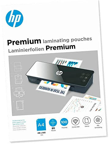 HP Premium Laminierfolien, DIN A4, 80 Micron, glänzend, transparent, zum Heißlaminieren, 100 Stück, 9123