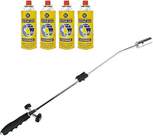 Weed Burner + 4 Butane Gas Canisters - Killer Wand Blowtorch Garden Outdoor Weeds Grass Moss Fungus Auto Ignition Adjustable Flame Flame Thrower | 8 Gas Bottles - Weedkiller