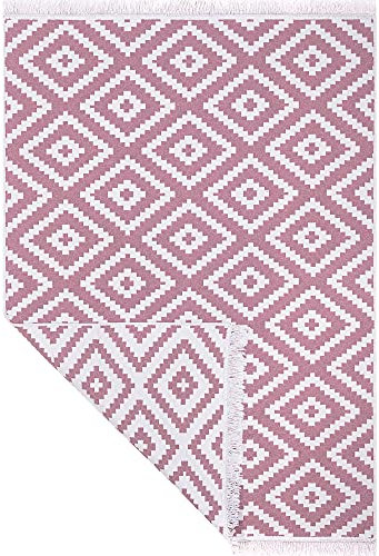 Fashion4Home Teppich Läufer - Tepiche für Wohnzimmer, Schlafzimmer, Küche, Kinderzimmer, Badezimmer - Boho Kelim - Läufer Flur, Trio-Altrosa-Weiß, Größe: 160x230 cm