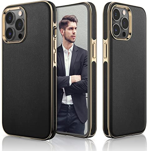 Lohasic Designed for iPhone 13 Pro Leather Case, Luxury Business Classic Non Slip Soft Grip Full Body Protective Men Phone Cases Cover Compatible with iPhone 13 Pro 5G 6.1 inch - Black Gold