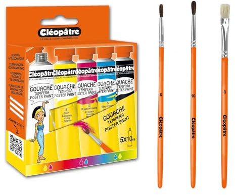 Cléopâtre Lot composé de 5 tubes de gouache 10ml, de 2 pinceaux ronds poney n°6 et n°10 et d'une brosse plate n°8, Lot de 5 Tubes + 2 Pinceaux