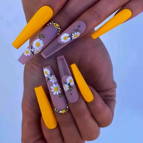 Brishow Faux Ongles Longs Faux Ongles Fleurs Presse sur Ongles Ballerine Acrylique Bâton sur Ongles 24 pcs pour Femmes et Filles (a)