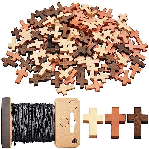 Saijer Holz Kreuz Anhänger,150 Stück Holzkreuz Mit 1 Rollen Gewachste Polyester Schnur 20M Streuartikel Taufe Verzierung 3 Farbe Segen Kreuz Charm für DIY Halskette Schmuck Zubehör Taufe Kommunion