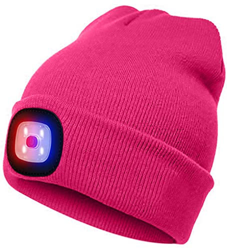 ATNKE LED Beleuchtete Mütze,Wiederaufladbare USB 4 LED Rot und Blau Leuchten Blinkender Laufmütze mit Licht Extrem Heller Lampe Winter Warme für Herren und Damen Geschenke/Rose Red