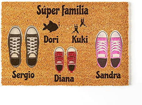 Felpudo Personalizado para la Entrada de Casa | Personaliza tu Felpudo con toda tu Familia y Mascotas | 70 x 40 cm | Felpudos Originales y Divertidos en 100% Fibra de Coco | Familia de 3 + 2 Mascotas